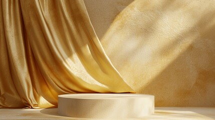 Fabric gold silk podium, abstract fashion product display cloth texture background 3d rendering. Luxury object placement packaging mockup for presentation cosmetic or beauty products.