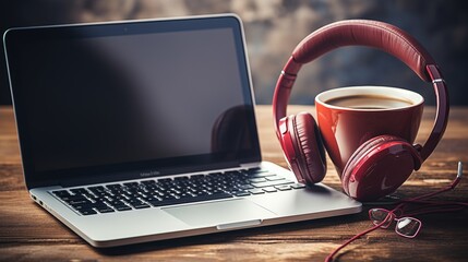 Headphones, music notes, phone, and coffee on white background for music composition and relaxation