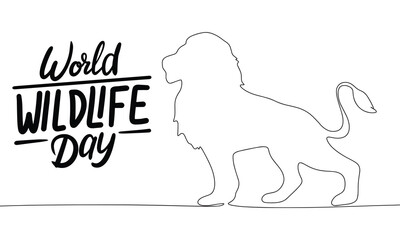 Concept text banner for holiday World Wildlife Day with one line continuous lion. Line art banner. Hand drawn vector art.