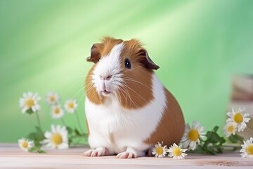 Beautiful brown and white guinea pig eating grass on a pastel colors background

