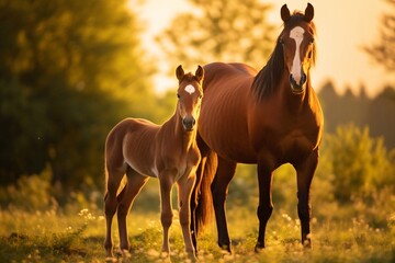 Obraz na płótnie Canvas Beautiful brown mare raising and training her sweet new foal on a golden summer evening