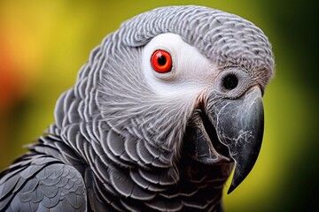 Fototapeta premium Close-up portrait of an African Grey Parrot, striking silver-gray plumage, bright eyes, and patterned feathers. Perfect for wildlife enthusiasts, bird-related projects, and nature presentations.