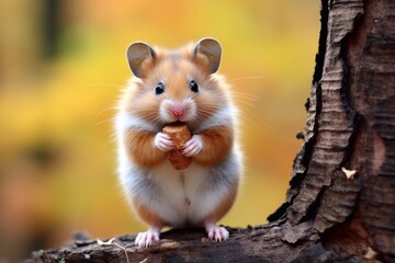 Hamster in the woods eating nuts