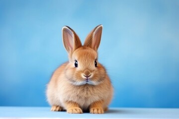 Obraz premium healthy lovely baby brown bunny easter rabbit on blue background. Cute fluffy rabbit on blue background Lovely mammal with beautiful bright eyes in nature life. Animal Easter symbol concept