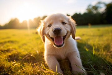 
happy labrador puppy barking and running on the grass