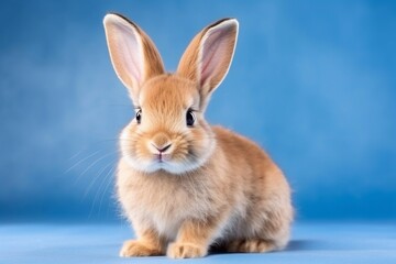 
healthy lovely baby brown bunny easter rabbit on blue background. Cute fluffy rabbit on blue background Lovely mammal with beautiful bright eyes in nature life. Animal Easter symbol concept