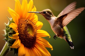 Fototapeta premium Hummingbird eating from Sunflower