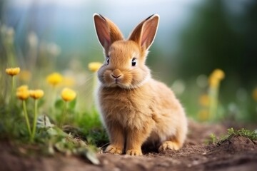 Fototapeta premium Little happy funny rabbit sitting on the ground in nature