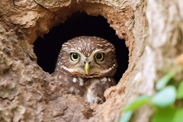 Little owl (Athene noctua), looks from tree cave