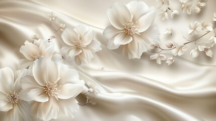 Fototapeta na wymiar 3d background with luxury beautiful white flowers, silk background for wall print, and ceiling wallpaper