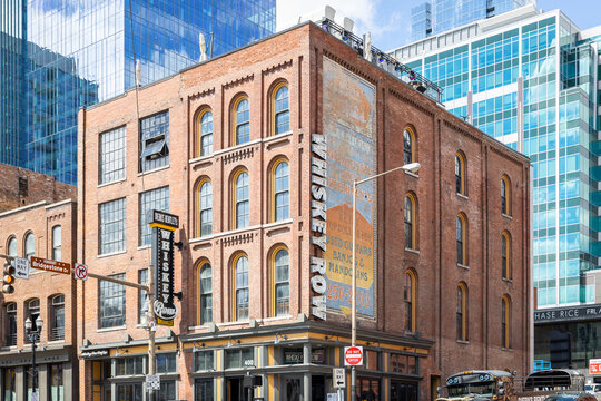 NASHVILLE, TN, USA - MARCH 28, 2021: Dierks Bentley's Whiskey Row is the country music singer's club on Broadway Street in downtown Nashville with food, liquor, and multiple levels for guests.