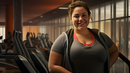 A vibrant woman exudes confidence as she smiles at the camera, dressed in workout gear with her hand resting on an exercise machine in a gym