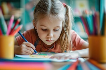 little girl draws with colored pencils expressing creativity through art