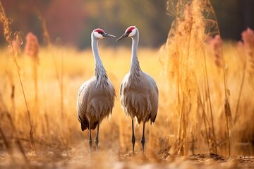 Two Sandhill cranes (Grus canadensis) on field