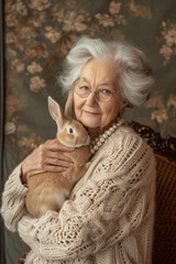 A serene elderly woman in a cozy sweater embraces a brown rabbit, complemented by a vintage floral backdrop. could be used for concepts like nostalgia or the comfort of pets.
