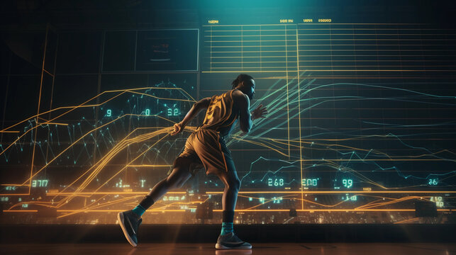 basketball professional team player running scoring ball over the hoop at dramatic stadium shot in dynamic active pose with statistics analysis datum, sports success concept copy space banner  - Powered by Adobe