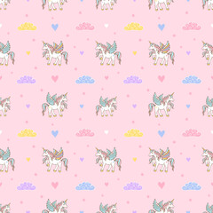 Seamless pink pattern of cute magical unicorns with wings.