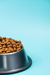 Brown cat or dog kibble in a metal bowl isolated top view close-up. Nutritious healthy diet pet food scattered around, falls and cascades the bowl. Dry cat or dog food spills from a bowl.