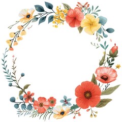 minimalist circle frame with flat modern flowers bouquet, isolated on a white background