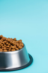 Brown cat or dog kibble in a metal bowl isolated top view close-up. Nutritious healthy diet pet food scattered around, falls and cascades the bowl. Dry cat or dog food spills from a bowl.