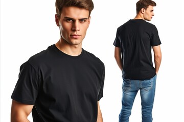 Young handsome man in black t-shirt isolated on white background.