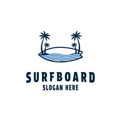 Surfboad logo design concept with beach wave and palm tree