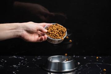 Brown cat or dog kibble in a metal bowl isolated top view close-up. Nutritious healthy diet pet food scattered around, falls and cascades the bowl. Dry cat or dog food spills from a bowl.