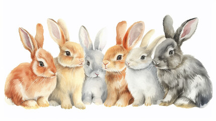 A charming watercolor painting showcasing a row of adorable rabbits with different fur patterns and colors.
