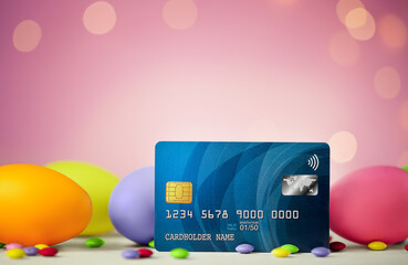 the bank card is surrounded by Easter eggs and sweet jelly beans, there is a place for the text