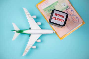 Travel passport pages, different countries Visa stamps, stamper “Work Permit”, plane....