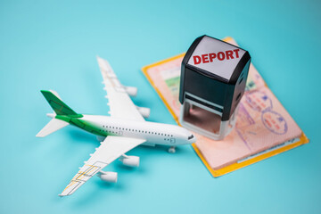 Travel passport pages, different countries Visa stamps, stamper “Deport” and plane....
