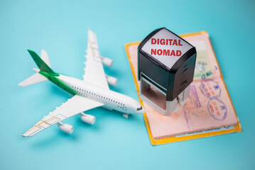 Travel passport pages, Visa stamps, stamper “Digital Nomad” and plane. Immigration, emigration,...