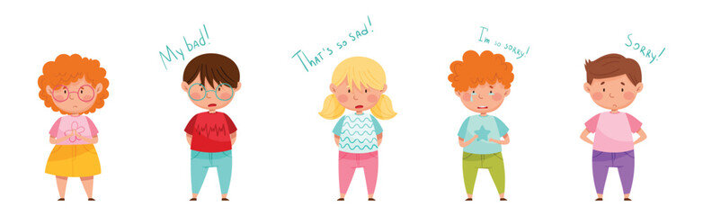 Upset Kid Feel Guilty and Sorry Expressing Regret Vector Set