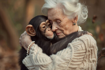 An elderly woman with white hair and pearls embraces a young chimpanzee in a natural outdoor setting. elderly love for animals, suitable for narratives on empathy or conservation.