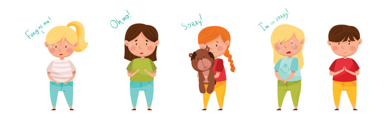 Upset Kid Feel Guilty and Sorry Expressing Regret Vector Set