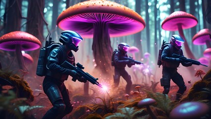 Fototapeta na wymiar Dramatic video game scene. Futuristic psychedelic forest heroes combat explosions backlights. Generative AI. 