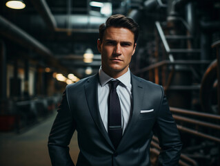 Fototapeta premium Businessman in a suit and a tie posing in a steel plant 