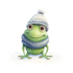 Watercolor illustration of a cute frog wearing a knitted hat, scarf on a white background.