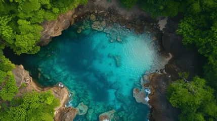 Foto op Aluminium Aerial view emerald pool lagoon in jungle green rainforest, Blue pool famous tourist travel destination, generative Ai © SAHURI