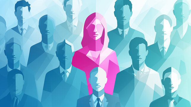 Generative AI illustration of low poly pink businesswoman highlighted in a crowd of blue businessmen