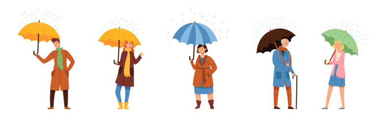 Rain with Man and Woman Walking with Umbrella in Wet Weather Vector Set