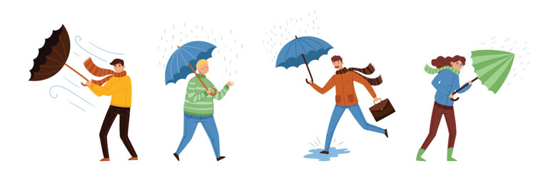 Rain with Man and Woman Walking with Umbrella in Wet Weather Vector Set