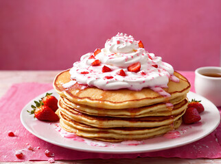 Pancakes with strawberries and whipped cream on a pink background. Copy space 