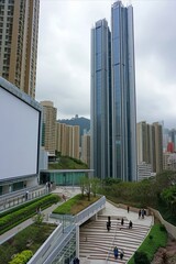 Hong Kong cityscape with modern skyscrapers.