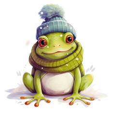 Illustration of a cute frog wearing a knitted hat, scarf on a white background.