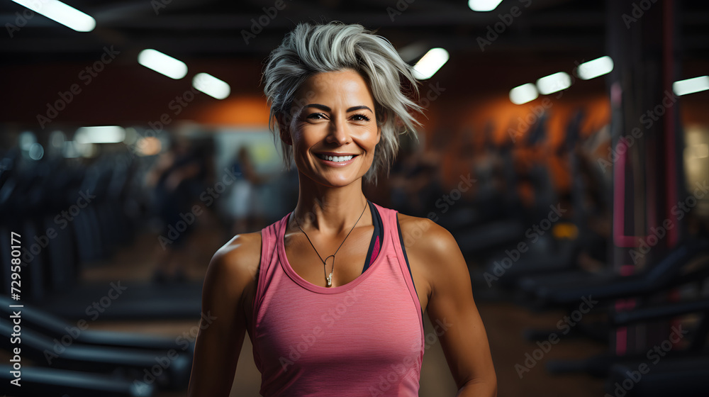 Wall mural A confident woman proudly showcases her toned muscles while posing with exercise equipment in a sleeveless shirt at the gym, radiating determination and joy