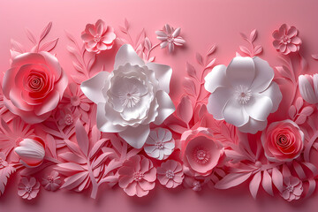 Beautiful set of paper cut flowers on a pink background, card with flowers, 3d digital illustration, holiday card for Valentine's Day or Mother's Day