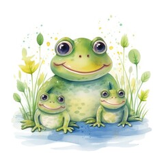 Watercolor Illustration of a family of frogs on a white background.