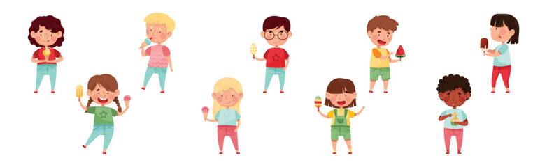 Happy Kid Character Eating Ice Cream Enjoy Frozen Dessert Vector Set