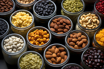 large assortment of different types of nuts in plates for supermarket sale. vegan food. natural vitamins.